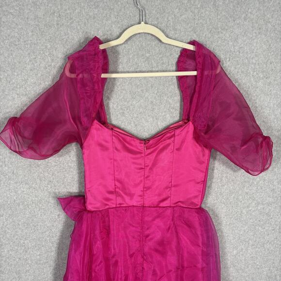 VTG 80s Prom Dress Medium Pink Puff Organza Sheer Overlay Bow Pencil Skirt Cape - Picture 11 of 14